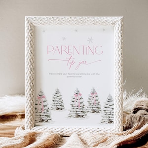 Parenting Tip Jar Sign Pink Bow Christmas Baby Shower Game PRINTABLE, Editable Coquette Blush Girl Sprinkle Winter Wonderland Activity, CH76