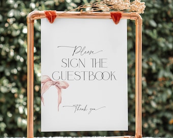 Sign the Guestbook She's tying the knot Bridal Shower Card, Blush Pink Bow Signage, Bachelorette Party Banner, Wedding Table Poster, BS58