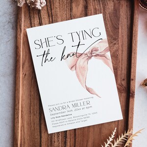 Pink Bow Bridal Shower Invite Tying The Knot Invitation PRINTABLE, Coquette Blush Engagement Invite, Editable Template Baby Download, BS58 image 1