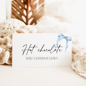 Tarjetas de buffet para despedida de soltera con lazo azul, tarjeta de comida para mesa de carpa de boda, asientos imprimibles, etiqueta de barra plegable, BS59