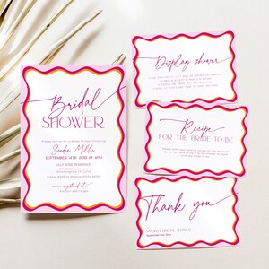 Wavy Border Bridal Shower invitation bundle pink with recipe for thebride, thank you cards and evite