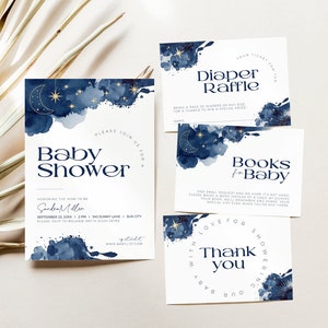 Moon Stars Babys Shower Uitnodigingsbundel marineblauw en goud INSTANT DOWNLOAD, Little Star Invite Boy luierloterijticket, boeken invoegen BB28