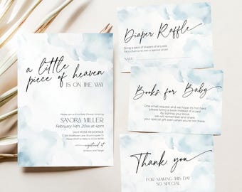 A Little Peace of Heaven is onderweg Uitnodiging babyshower BUNDEL, stoffig blauw op wolk negen thema strooi uitnodiging suite jongen verzonden, BB116