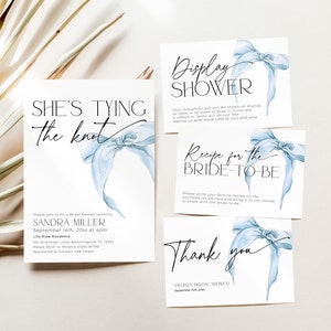 PACCHETTO di inviti per la festa nuziale She is Tying the Knot, invito stampabile per matrimonio con fiocco blu, scheda ricetta, regalo non incartato, biglietto di ringraziamento, BS59