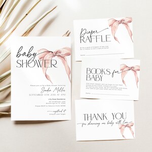 May include: A pink and white baby shower invitation with a pink bow and the text "baby shower" in black calligraphy. The invitation includes the name "Sendra Miller", the date "September 14th, 20XX at 4PM", and the location "Lily Rose Residence".