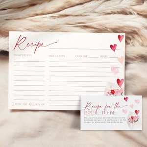 Rood hart Valentijn recept kaartsjabloon bruids douche uitnodiging set, roze bewerkbare liefde is in de lucht uitnodigen invoegen vrijgezellenfeest, CH83
