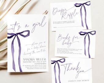 Purple Bow Baby Shower Invitation BUNDLE, Editable Coquette Ribbon Sprinkle Party Invite, Diaper Raffle Ticket, It's a Girl Template, BB102