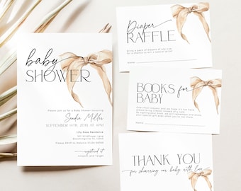 May include: A set of four cards for a baby shower. The cards are white with brown watercolor bows and black calligraphy text. The cards include a baby shower invitation, a diaper raffle card, a books for baby card, and a thank you card.