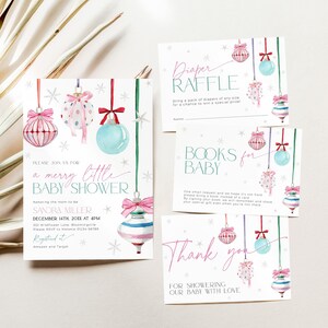 May include: A Christmas-themed baby shower invitation with a pink, white, and blue colour scheme. The invitation features a watercolour illustration of baubles with a festive design. The text on the invitation reads "Please join us for a merry little baby shower".