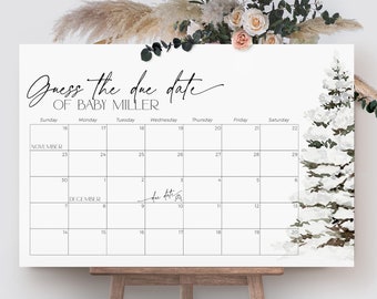 Weihnachtsbaum Errate das Fälligkeitsdatum Poster Kalender Spiel, Schneeflocke Babyparty Zeichen, Kokette Winterwunderland Geburtstagsvorhersage Junge, CH52