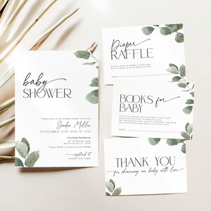 Pacchetto di inviti per baby shower all'eucalipto, foglie di invito per cellulare verde salvia, biglietto della lotteria per pannolini Greenery, libri per bambini, biglietto digitale, BB39