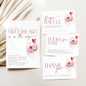 May include: A baby shower invitation with a pink and red watercolor illustration of a closed envelope with flowers and a heart. The text reads "A Little Sweetheart is on the way" and includes the name Sandra Miller, the date and time of the shower, and the location. The invitation also includes information about the registry and RSVP.