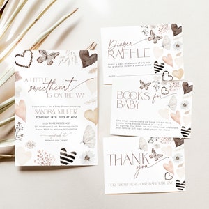 May include: A baby shower invitation with a watercolor design featuring butterflies, hearts, and floral elements. The invitation reads "A Little Sweetheart is on the Way" and includes the name Sandra Miller, the date February 14th, 2023 at 4pm, and the location Lilly Rose Residence. There are also three cards for a diaper raffle, books for baby, and a thank you card.