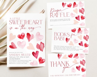 May include: A baby shower invitation with a watercolor design of pink and red hearts. The invitation says "A Little Sweetheart is on the way" and includes the name Sandra Miller, the date February 14th, and the time 4pm. The invitation also includes the address Lilly Rose Residence, 201 Wilson Lane, Bloomingdale, Texas. The invitation requests guests to RSVP to Melanie at 0123456789. The invitation also includes a diaper raffle request and a books for baby request.