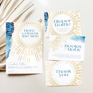 Here Comes the Son Baby Shower Invite Bundle Template, Blue Retro Ray of Sunshine Invitation Boy, Boho Summer Sun Diaper Raffle Ticket, BB29