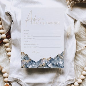 Conseils de jeux de baby shower pour les parents carte, jeu de baby shower drôle sur le thème de la montagne à imprimer, aventure personnalisée commence camping jeux garçon, BB21