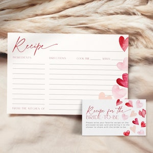 Rood hart Valentijn recept kaartsjabloon bruids douche uitnodiging set, roze bewerkbare liefde is in de lucht uitnodigen invoegen vrijgezellenfeest, CH84