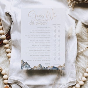 Babyshowergames Guess Who mama of papa, grappig babyshowerspel bergthema AFDRUKBAAR, Custom Adventure Begins Camping Games Boy BB21
