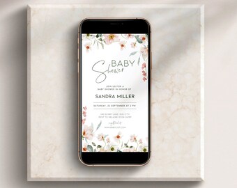 May include: A smartphone mockup displaying a baby shower invitation with a floral design. The invitation reads "Baby Shower" and includes the name "Sandra Miller" and the date "Saturday 21 September at 3 PM".