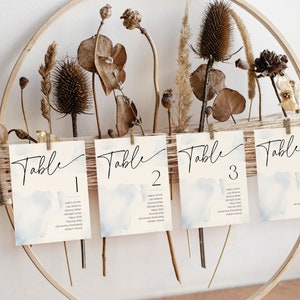 Modelo de gráfico de assentos de cartão de mesa no Cloud Nine, algo azul empoeirado aquarela encontre seu assento banner, placa de casamento minimalista moderna, BB37