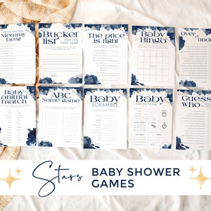 Lot Baby Shower Spiele Mond Sterne DRUCKBARE, bingo sur la lune, capsule temporelle Little Star, devinez qui maman ou papa, prédictions de bébé, BB28