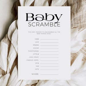 Jeux de mots brouillés pour la douche pour bébé, imprimables avec corrigé, minimaliste, activité de fête moderne pour garçon ou fille, jeux neutres en matière de genre, BB27