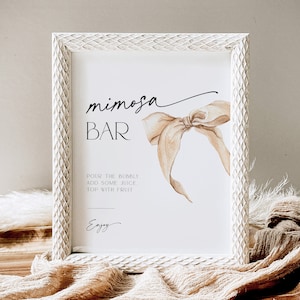 Menù del bar Mimosa neutro, cartello per il suo addio al nubilato, cartello per bevande con fiocco beige, addio al nubilato, poster moderno per tavolo da matrimonio, BS60