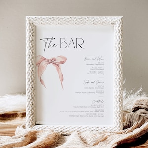 Segno del menu del cocktail bar Lei si sta sposando Biglietto per l'addio al nubilato, Fiocco rosa cipria Le bevande sono offerte da noi Segnaletica per feste, Tavolo per bevande nuziali, BS58