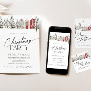 May include: A Christmas party invitation and matching tags. The invitation features a winter village scene with snow-covered trees and houses. The text reads "Christmas Party" and includes event details. The tags say "Merry Christmas".