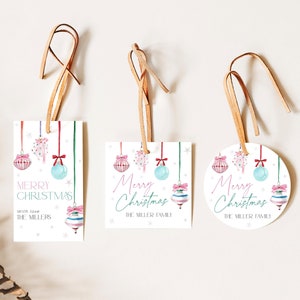 Rosa Weihnachtsverzierung Geschenkanhänger druckbar, Schneeflocke Ereignis Favor Bag Etikett, bearbeitbare Schleife Dankeschön Urlaub Party Geschenkaufkleber CH79