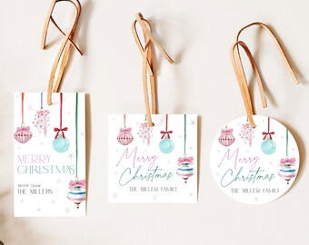 Pink Christmas Ornament Gift Tag Printable, Snowflake Event Favor Bag Label, Editable Bow Thank You Present Holiday Party Gift Sticker CH79