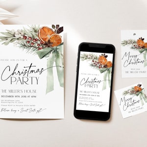 May include: A set of printable Christmas party invitations with a watercolor design featuring green leaves, orange slices, and red berries. The invitations include a main invitation, a smaller invitation for a phone screen, and a gift tag. The text on the invitations reads "Please join us for a Christmas Party", "The Miller's House", "December 18th, 201X at 6PM", and "Please bring a Secret Santa gift". The gift tag reads "Merry Christmas with love The Miller Family".