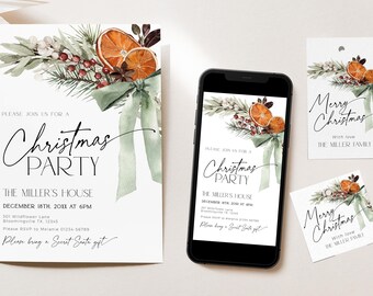 Elegant Bow Company Christmas Party Invitation Bundle, Editable Office Dinner Save the Date Invite, Merry Bright Work Xmas Cocktails, CH69