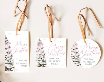 Pink Bow Christmas Tree Gift Tag Printable, Xmas Snowflake Event Favor Bag Label, Editable Thank You Present Holiday Party Gift Sticker CH76