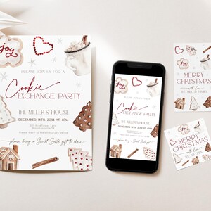 Puede incluir: Una invitaci&oacute;n en acuarela para una fiesta de intercambio de galletas. La invitaci&oacute;n presenta una casa de jengibre, una taza de chocolate caliente y una galleta con la palabra "joy" en ella. El texto de la invitaci&oacute;n dice: "Por favor, &uacute;nase a nosotros para una fiesta de intercambio de galletas, La casa de los Miller, 18 de diciembre de 201X a las 4:00 PM, 301 Wildflower Lane, Bloomingville TX, Por favor, confirme su asistencia a Melanie 01234-56789, Por favor, traiga un regalo de Secret Santa para compartir."