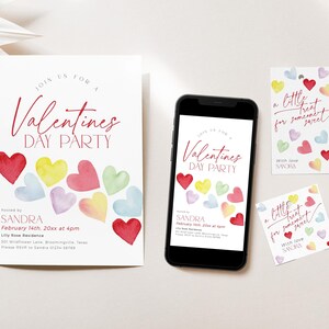 Retro Hearts Valentines Party invitation in a set with matching mobile invitation and gift tags. The design is colorful with yellow, red, blue, green and violet hearts. The gift tags feature the text "a little treat for someone sweet