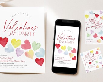 May include: A printable invitation for a Valentine's Day party with watercolor hearts in shades of pink, red, yellow, blue, and green. The invitation says "Join us for a Valentine's Day Party" and includes the host's name, date, time, and address. There are also two printable gift tags with watercolor hearts that say "a little treat for someone sweet" and "with love, Sandra".