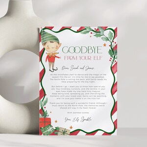 Carta de adeus elfo para impressão, cartão vermelho verde de adeus do seu elfo para download digital, modelo de atividade infantil editável de Natal, CH49