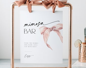 Mimosa Bar Menu Sign She's tying the knot Bridal Shower Card, Blush Pink Bow Drink Signage, Bachelorette Party, Wedding Table Poster, BS58