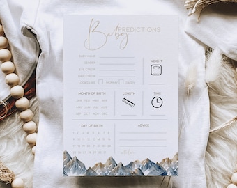 Tarjeta de predicciones para juegos de baby shower, divertido juego de baby shower con temática de montaña para imprimir, juegos de campamento personalizados para niños con la aventura comienza, BB21