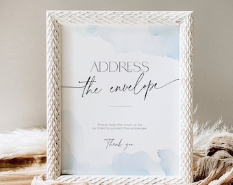Address the Envelope Sign Cloud Nine Baby Shower, Dusty Blue Watercolor Clouds 9 TEMPLATE Mom-to-Be Party Poster, Gender Neutral Decor, BB37