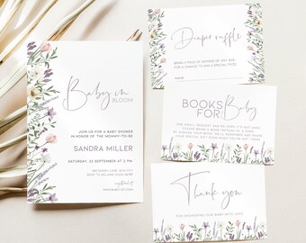 May include: A set of four baby shower cards with floral designs. The cards include an invitation, a diaper raffle card, a "books for baby" card, and a thank you card. The cards are all white with purple and pink floral accents.