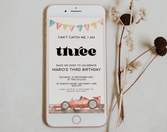 Race car 3rd birthday invitation digital, I am three evite race car boy, racing car party 3 year old online invite instant download BK006-03