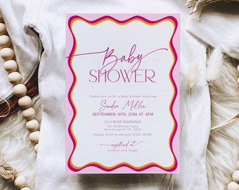 Pink Border Baby Shower Invitation INSTANT DOWNLOAD Girl, Retro Fuchsia Waves Online Invite Editable TEMPLATE, Modern Colorful Evite, BS36