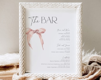 Cocktail Bar Menu Sign She's tying the knot Bridal Shower Card, Blush Pink Bow Drinks are on us Party Signage, Wedding Beverage Table, BS58