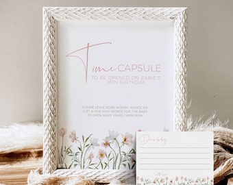 Paquete de juego para baby shower con diseño de cápsula del tiempo, flores silvestres, deseos de bebé en flor de color rosa ruborizado para niña, BB13