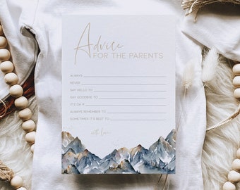 Tarjeta de consejos para padres sobre juegos de baby shower, divertido juego de baby shower con temática de montaña para imprimir, juegos de campamento personalizados para niños con la aventura comienza, BB21