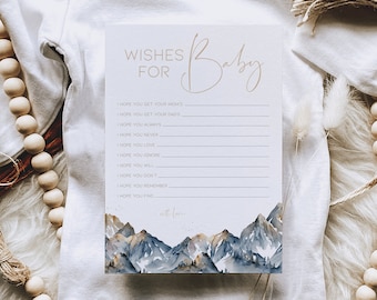 Tarjeta de deseos para bebé con juegos de baby shower de campamento Adventure Begins, juego divertido para fiesta de bebé con temática de montaña para imprimir, tarjeta personalizada para niño y niña, BB21