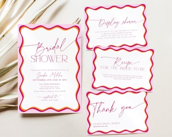 Wavy Border Bridal Shower Invitation BUNDLE, Pink Red Party Printable, Retro Orange Digital Invite Set, Recipe Card Template, Evite, BS36