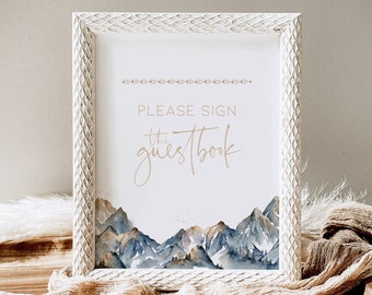 Guestbook Sign Mountain Themed PRINTABLE Woodland, Custom Adventure Awaits Sign the Guest Book Wedding Sign, Baby Shower Boys Decor, BB21